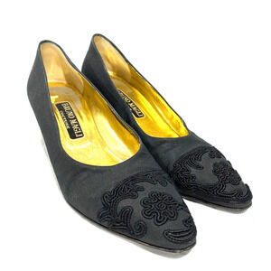 Bruno Magli satin pumps black kitten heel shoes soutache cap toes US size 7.5 AA
